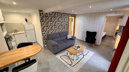un salon avec un canapé et une table dans l'établissement Résidence Les Planchettes, à Le Mont-Dore