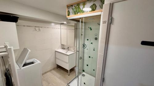 une salle de bain avec douche et lavabo dans l'établissement Résidence Les Planchettes, à Le Mont-Dore