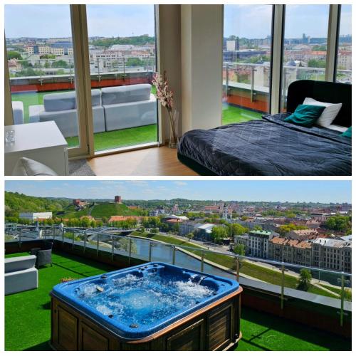 two pictures of a room with a tub on a balcony at Skyline Pearl Vilnius in Vilnius