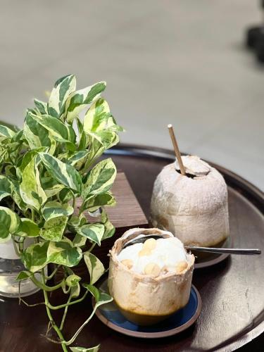 a table with a bowl of food and a plant at Ladyfit House in Thôn Trường Giang