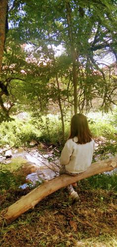 a young girl sitting on a tree log at Shui wu, la casita del agua in Geras
