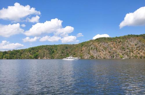 a boat in the middle of a large lake at ZÁTOKA Živohošť - Chaty in Chotilsko