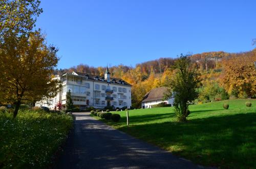 a large building on a grassy field next to a road at Bad Schauenburg in Liestal