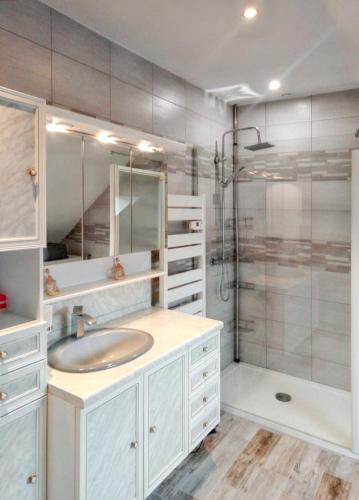 une salle de bain blanche avec un lavabo et une douche dans l'établissement Maison charmante à Bléneau avec jardin et équipements modernes, à Bléneau