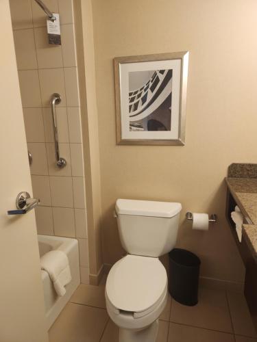 a bathroom with a white toilet and a shower at Detroit Marriott Livonia in Livonia