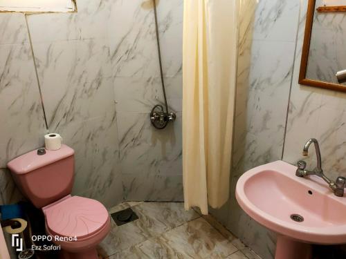 a bathroom with a pink toilet and a sink at Ahmed Safari Camp in Bawiti