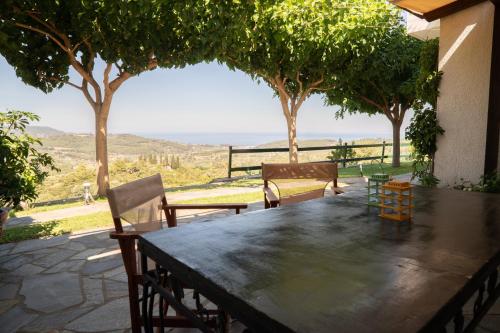 a table with chairs and a view of the ocean at Giannakos Apartments in Ydroússa