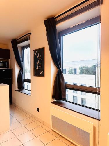 - un salon doté d'une grande fenêtre avec des rideaux noirs dans l'établissement Le Croix-Roussien - Apartment 30m2, à Caluire-et-Cuire