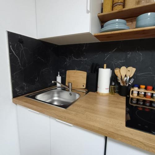 una cucina con un lavello e un piano di lavoro di Le paisible de triolo a Villeneuve d'Ascq