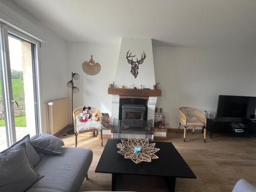 un salon avec un canapé et une cheminée dans l'établissement Maison entre mer et campagne, à Douville-en-Auge