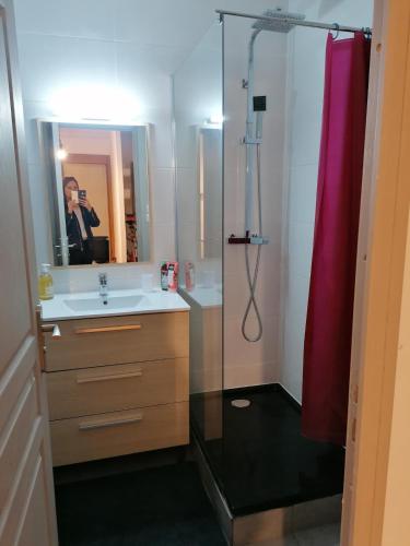 un homme prenant une photo d'une salle de bains avec douche dans l'établissement appartement F2 Suite Alyssa, à Auboué