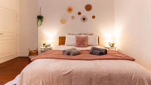 第戎Le Balcon des Cordeliers - Homillesime的一间卧室，有一张大床，上面有两个枕头