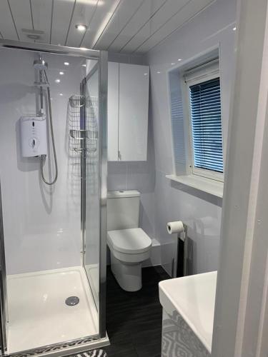 a white bathroom with a shower and a toilet at Stonehaven Centre - Carron Apartment in Stonehaven