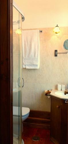 a bathroom with a shower and a toilet and a sink at Casa Pita Caminha in Caminha