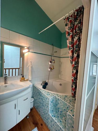 une salle de bain avec une baignoire et un lavabo dans l'établissement Duplex spacieux 6p avec bar et garage, à Tournon-sur-Rhône