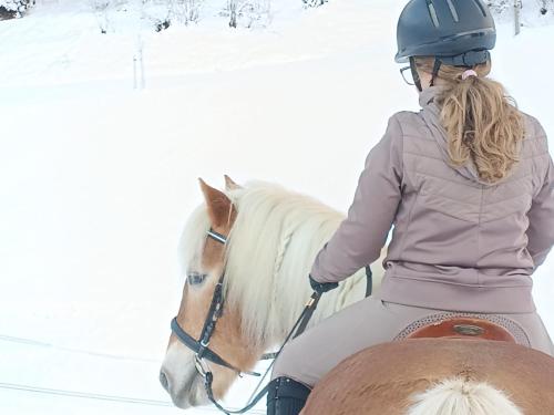 a woman riding a horse in the snow at Hinterjetzbachhof in Maria Alm am Steinernen Meer