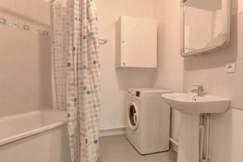 ein Badezimmer mit Waschmaschine und Waschbecken in der Unterkunft Le Sully - Mantes la jolie in Mantes-la-Jolie