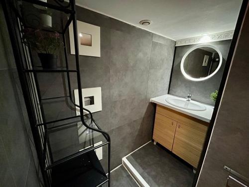 une petite salle de bain avec un lavabo et un miroir dans l'établissement Appartement 2 chambres - proche Métro à 10min de Bellecour, à Lyon