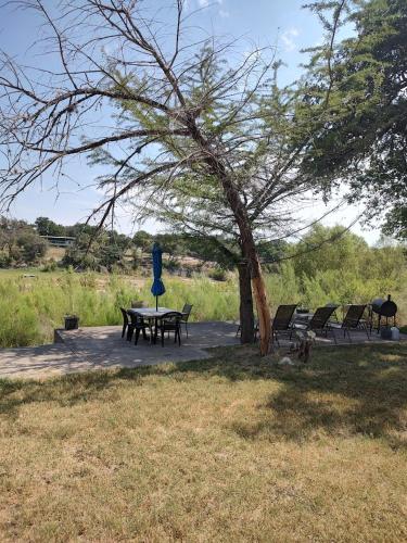 a group of benches and a picnic table under a tree at Boulderdash Cabin in Bandera