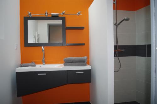 een badkamer met een wastafel en een spiegel bij Gîte Des Hirondelles in Pipriac