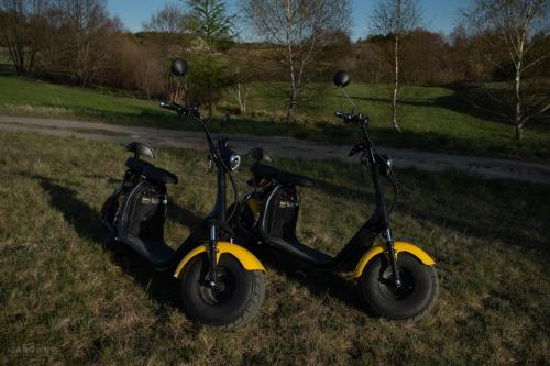 two scooters parked in the grass in a field at Kaszubski Dworek in Sznurki
