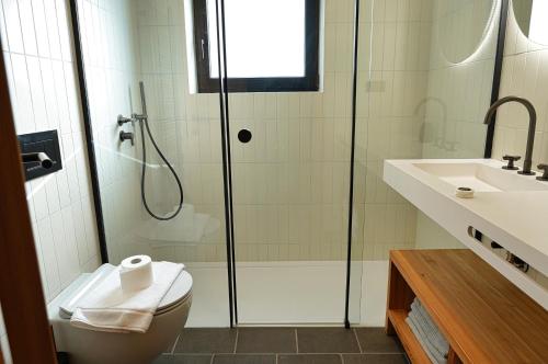 a bathroom with a shower and a toilet and a sink at Alpine Retreat house Šurc in Rateče