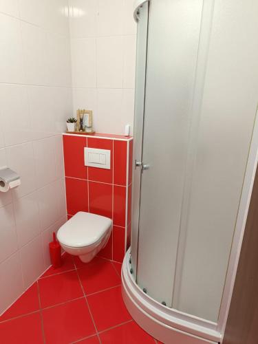 a red bathroom with a toilet and a shower at lino in Ivan Dolac