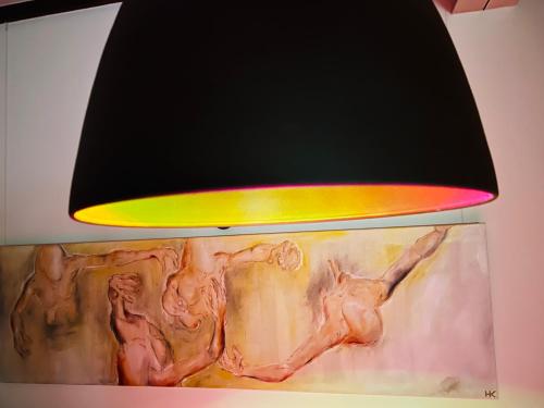 a light hanging from a ceiling with a surfboard at ARTvacanza Atelierhaus Edenkoben in Edenkoben
