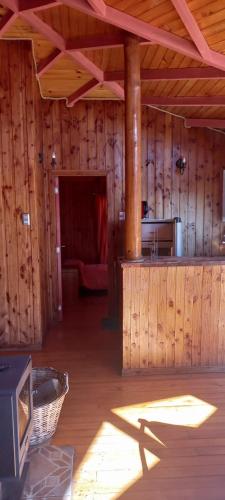 a living room with wooden walls and a television in a cabin at Cabañas Kawlin in Isla Lacao