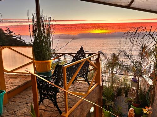 a sunset over the ocean with a bench and plants at Pacificsunset Reñaca in Viña del Mar