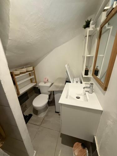 a white bathroom with a toilet and a sink at Le Viala, Studio dans le centre historique de Hyères in Hyères
