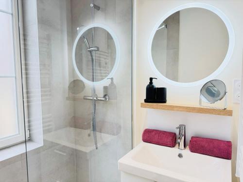 une salle de bain avec une douche, un lavabo et un miroir dans l'établissement L'Orange Serenity - Parking - Gare à 5 min, à Troyes