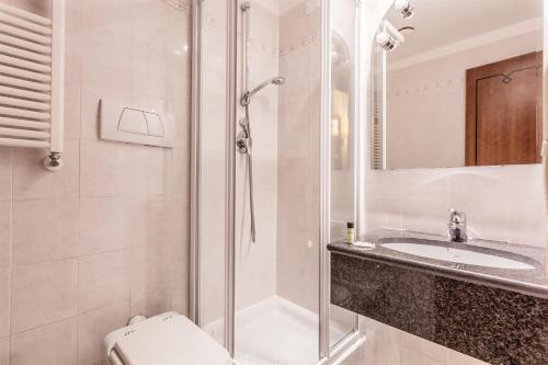 La salle de bains est pourvue d'une douche, de toilettes et d'un lavabo. dans l'établissement Raeli Hotel Floridia, à Rome