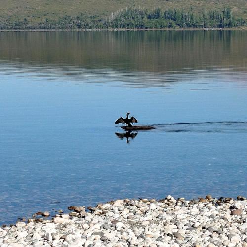 a person is sitting on a raft in the water at Flores del Limay cabañas in Dina Huapi