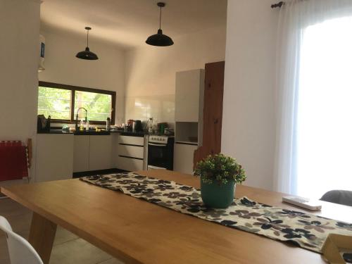 a kitchen with a wooden table with a potted plant on it at Somos Río in La Cruz