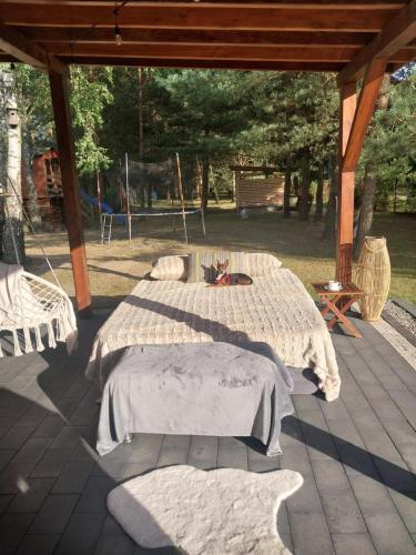 a group of three beds on a patio at DOMEK PRZY LESIE koło Sielpi in Sielpia Wielka