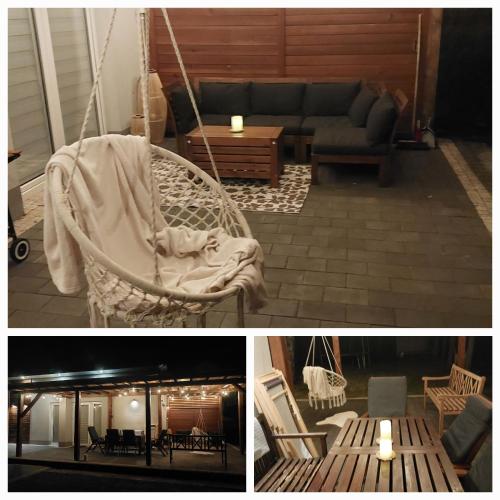 two pictures of a living room with a swing at DOMEK PRZY LESIE koło Sielpi in Sielpia Wielka