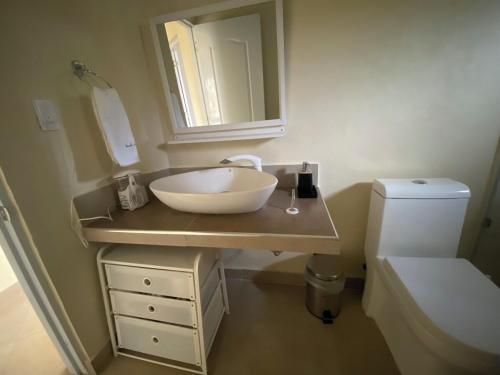 a bathroom with a sink and a toilet at 2BR & 2 WR ocean view Suite at Villa Costa Verde in Playa Cofresi, Puerto Plata, with a pool, big veranda, and a rooftop terrace in San Felipe de Puerto Plata