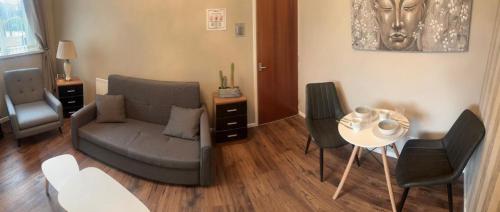 a living room with a couch and a table at Comfy One Bedroom Apartment in Darlaston
