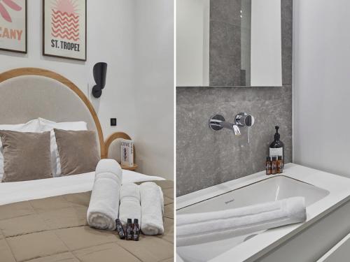 deux photos d'une salle de bain avec une baignoire et un lavabo dans l'établissement Magnificent New Apartment Beaubourg Le Marais, à Paris