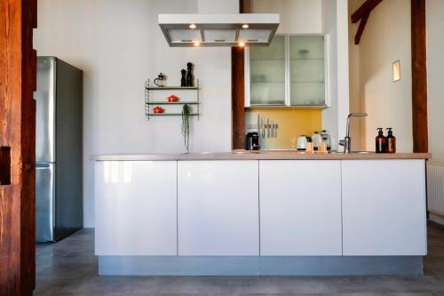 een keuken met witte kasten en een aanrecht bij Helles Design-Loft im Zentrum mit Schlossbergblick in Graz