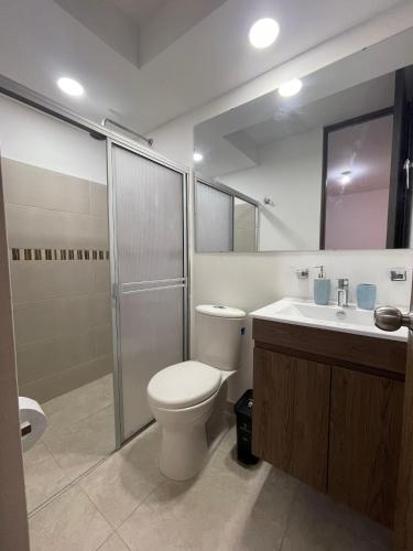 a bathroom with a toilet and a shower and a sink at Apartamento con vista a las Montañas in Ibagué