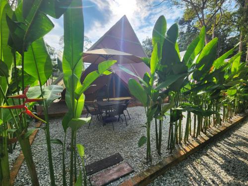 a garden with a table and chairs and plants at SkyTree Glamping in Batang Kali