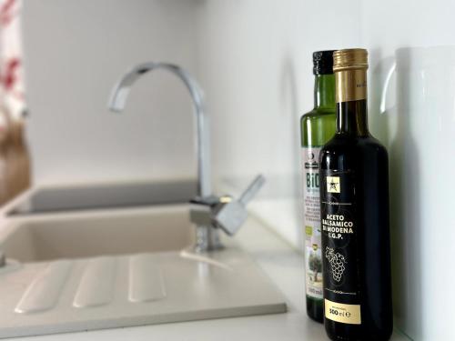 a bottle of wine sitting next to a sink at Spacious Cosy Apt with Pool and Parking in Pesnica pri Mariboru