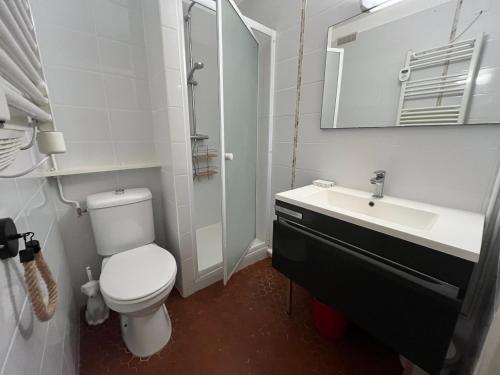 une salle de bain avec toilettes, lavabo et miroir dans l'établissement Studio avec terrasse, parking à 170m de la plage - FR-1-309-463, à Collioure