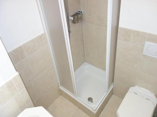 a shower stall in a bathroom with a toilet at Cosy apartment with balcony in Veysonnaz