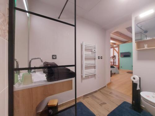 une salle de bain avec un lavabo et des toilettes dans l'établissement Chambre Léa à Châteaudun, accès PMR, jardin et piscine - FR-1-581-150, à Châteaudun