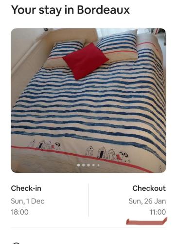 - un lit avec une couverture rayée et 2 oreillers dans l'établissement Chambre chez l'habitante avec salle de bain et cuisine communes - Présence d'un chat, à Bordeaux