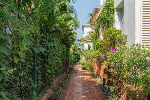 an alley in a garden with palm trees and flowers at La Olalian 2 & 3 BHK Designer Villas Near Anjuna Beach with Private Pool & Sun Deck & Garden in Anjuna