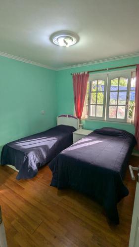 two beds in a room with blue walls and a window at Mishki Wasi - Dulce Hogar Magdalena in Magdalena